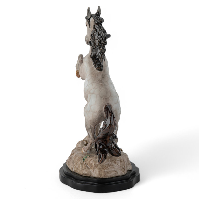 Porcelain Horse Figurine With Small Bronze Grass Accents on Wood Base