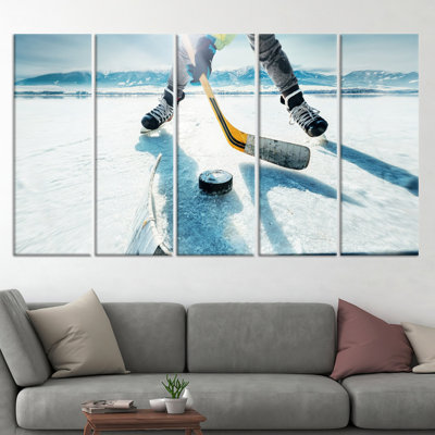 Elegant Ice Hockey Game Canvas Art: Printed Tempered Glass,5P Wrapped Canvas