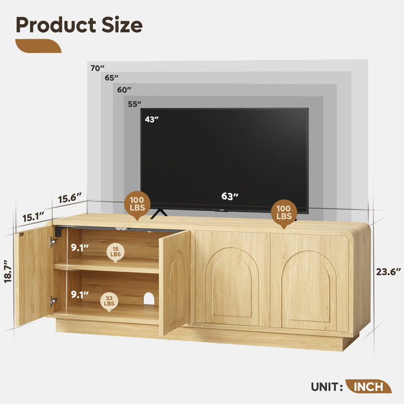 63'' Modern TV Stand for TVs up to 70'', Media Console with Arched Storage Cabinets, Handleless Push-to-Open Entertainment Center