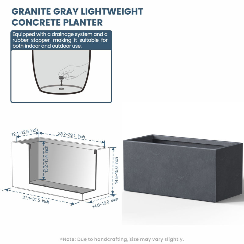 Lapria Handmade Planter Box, Granite Gray, 12.5" H x 23.5" W x 12" D