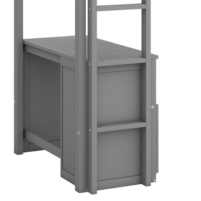 Structure de lit mezzanine en bois massif avec armoire à 2 tiroirs de rangement, lit mezzanine avec placards et bureau, Gris