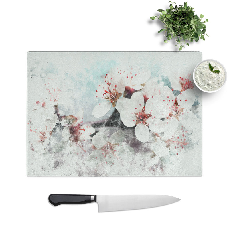 Tempered Glass Blossoms Watercolour Chopping Board, 20 cm x 28.5 cm