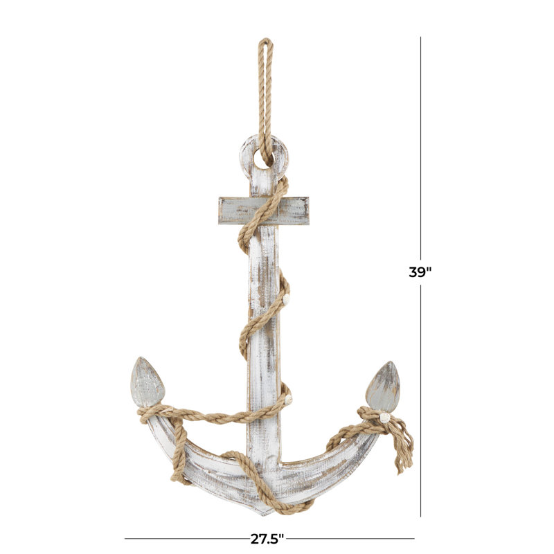 Lurae Wood Handmade Anchor Brown Wall Decor with Rope and Shell Accents