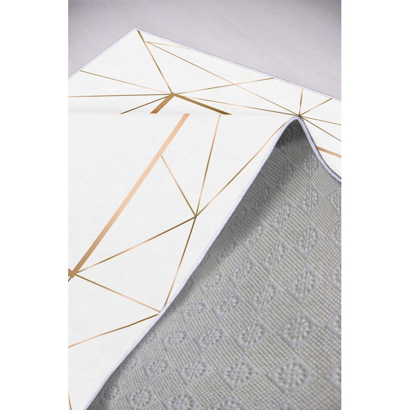 Saoirse Geometric Machine Made Flatweave Polyester Area Rug in White/Gold, Rectangle 5'3" x 7'7"