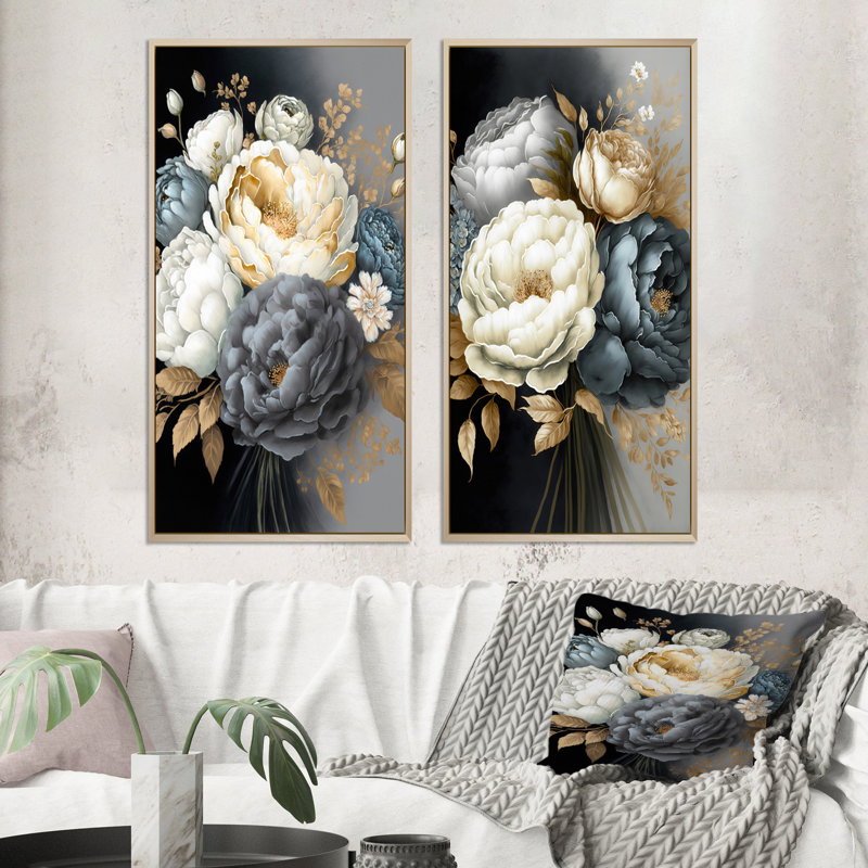 Bouquet de pivoines blanches, bleues et grises - ensemble de 2 pièces, Encadrement brun, H 32 po x l 32 po