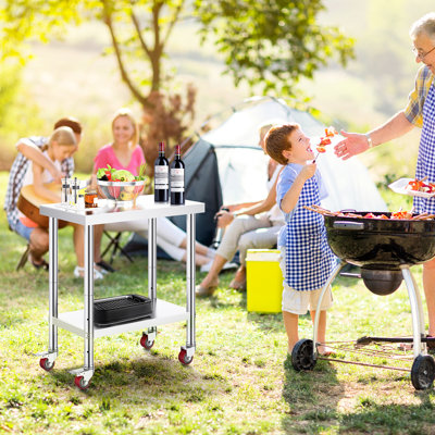 Table de travail en acier inoxydable 30 x 18 x 34 pouces avec tablette réglable à 3 niveaux et 4 roues avec frein pour différentes configurations de cuisine, préparation commerciale robuste dans les bars et restaurants.
