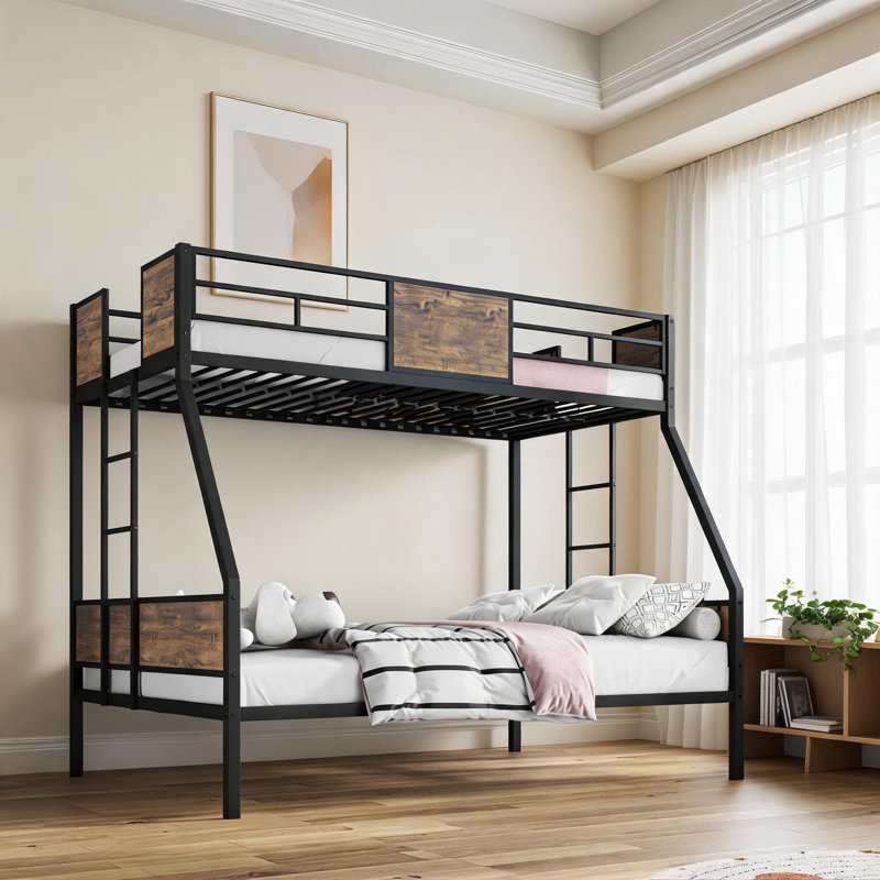 Lit superposé simple au-dessus de double, lit compact avec structure en métal brun et bois pour les chambres partagées