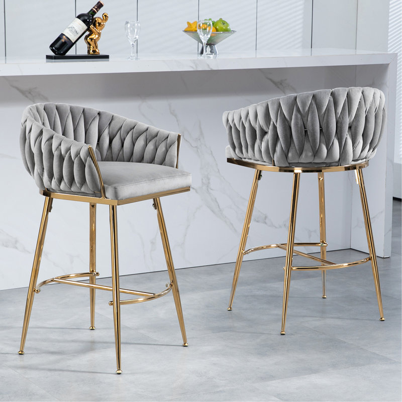 26'' Counter Height Bar Stools Set Of 2,Velvet Kitchen Island Counter Bar Stool With Hand- Wave Back,Golden Chromed Base And Foot Rest(GREY)