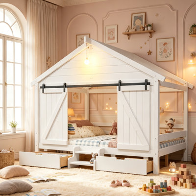Kids Low Platform Bed with Storage Drawers and Sliding Barn Door, Farmhouse Floor Bed with Led Light, Full Size, White