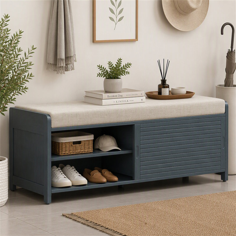 Banc à chaussures TREXM avec rangement et coussin, style volet vieilli, charme rétro pour salon ou entrée., Marine