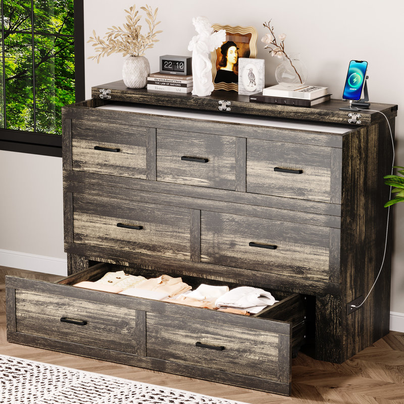 Grande armoire de lit pliable rustique gris, avec station de charge et rangement, idéale pour les petites chambres à coucher, station de rangement intégrée, tiroir de rangement multifonctionnel, espaces,