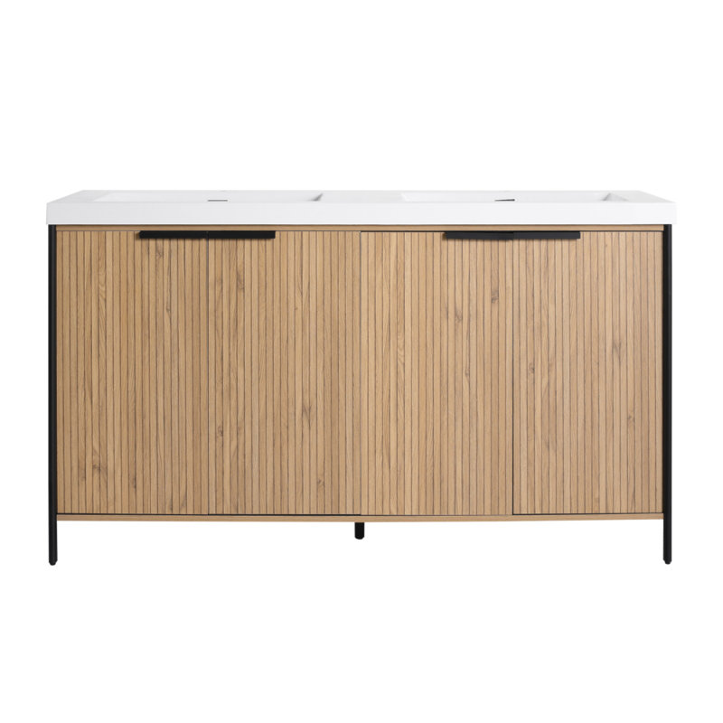 Meuble-lavabo autoportant de 60 po avec lavabo double en résine et 4 portes d'armoire à fermeture en douceur (KD-Packing) -W999S00298