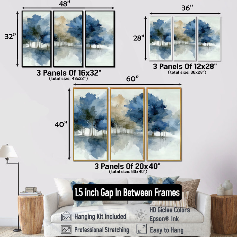 Bleu gris, aquarelle, érable, forêt, Canada - ensemble d'art mural érable, H 32 po x l 48 po, Argent argent