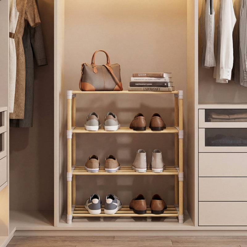 4-Tier Solid Wood Shoe Rack with Slatted Open Shelves