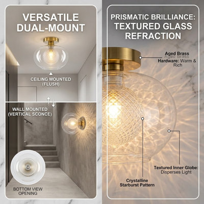 11-Inch Modern Brass Semi-Flush Mount Ceiling Light & Wall Sconce with Dual-Layer Crystal Glass