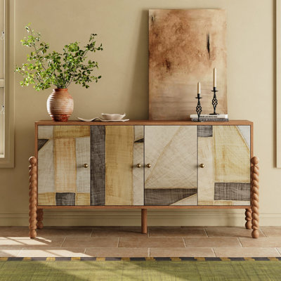 Buffet 4 portes en teck de 63 pouces de large avec portes à motifs géométriques patchwork et charnières à fermeture douce