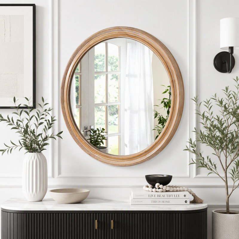 Miroir mural rond de style champêtre avec cadre en bois vieilli 31,50 po, L 31,5 po