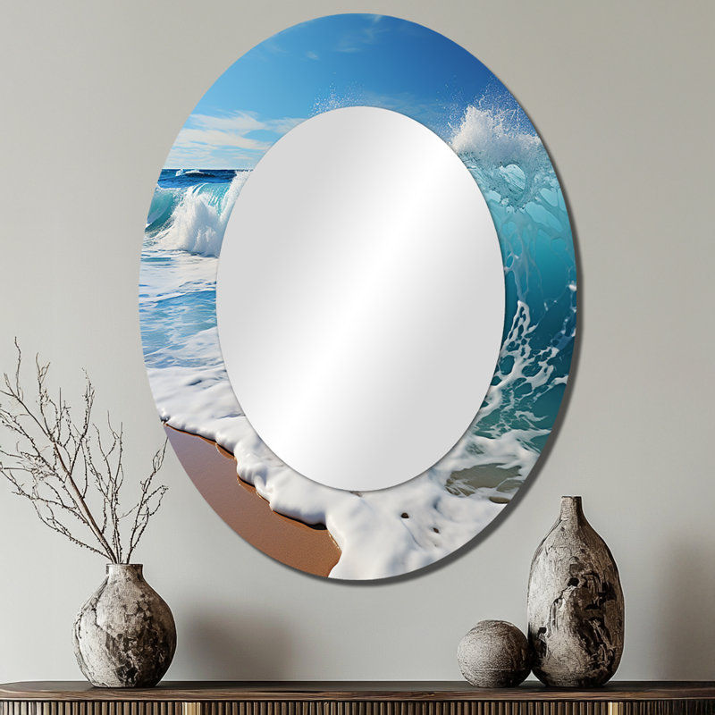 Turquoise Power Of Ocean Wave I - Teal Oval Wall Mirror Decor, 40" x 30"
