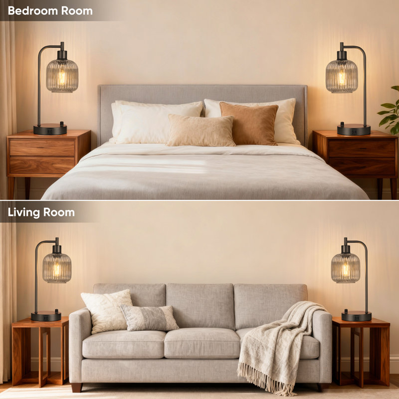 Ensemble de 2 lampes de table en verre gris avec ports USB A&C pour chambre à coucher, Noir, Gris