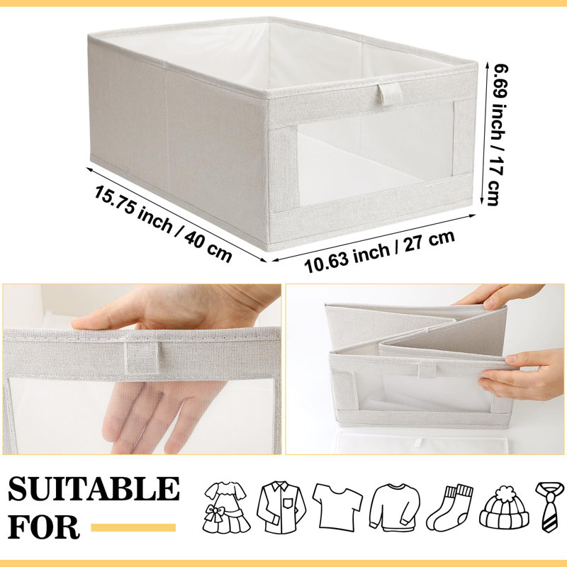 8 Pcs Linen Closet Organizers And Storage Foldable Clothing Bins Large Foldable Box With Window Storage Baskets For Closet Shelf Clothes Jeans Toys Organization, Beige
