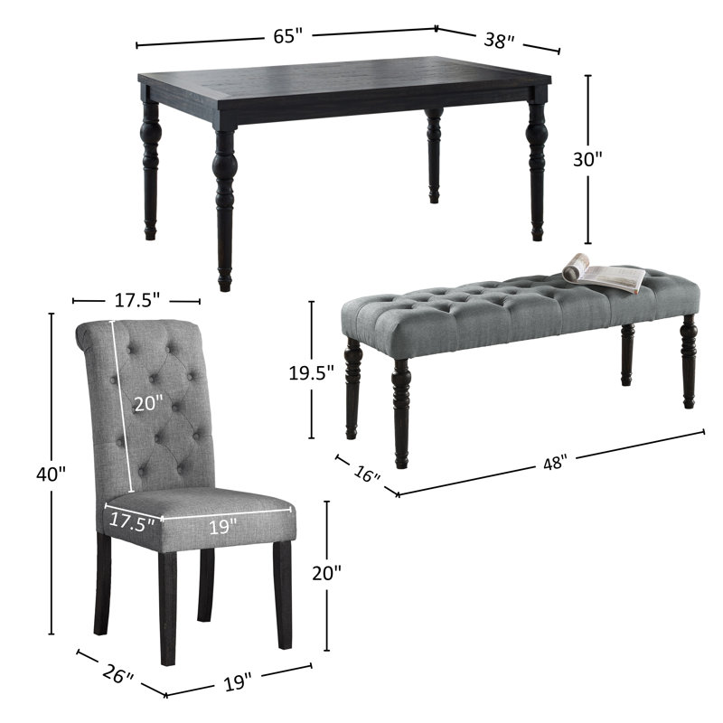 Brookwood Wood Dining Set, Gray, 6 Pieces: 1 Table, 4 Chairs, 1 Bench