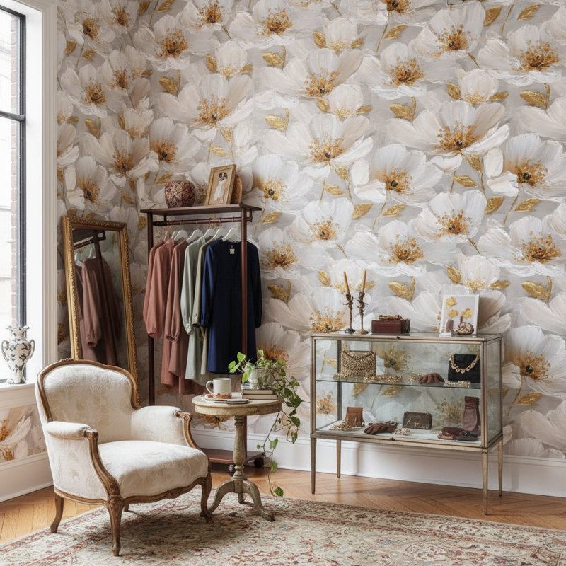 Papier peint floral fleurs blanches décorations murales amovibles or