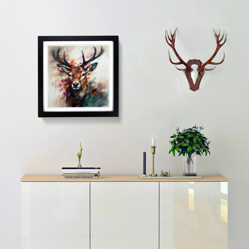 Stag Gestural Art - Single Picture Frame Print on Wood, Black