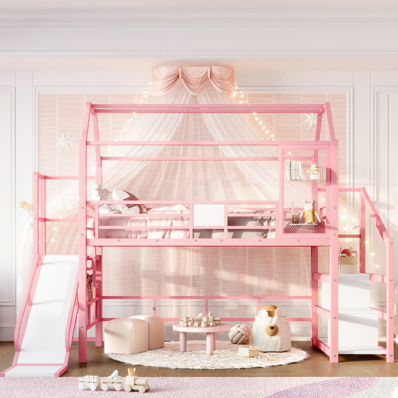Pink Twin Metal Loft Bed With Slide, Stairs, Guardrails, Storage And Noise - Structure For A Cheerful Dreamy Space House Shaped Frame Shelf Safe Playful Bedroom