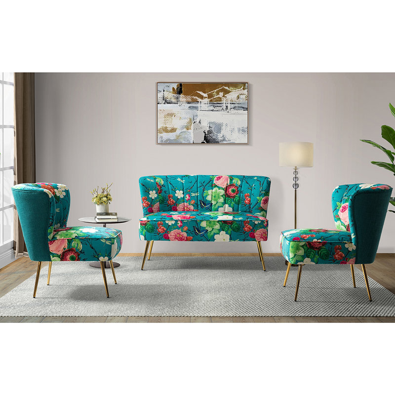 3 - Piece Living Room Set with 2 Seater Sofa and Armchair, Blue