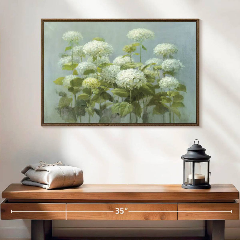 Jardin d'hortensias blanc, 25 po x 17 po, Cadre flottant noyer