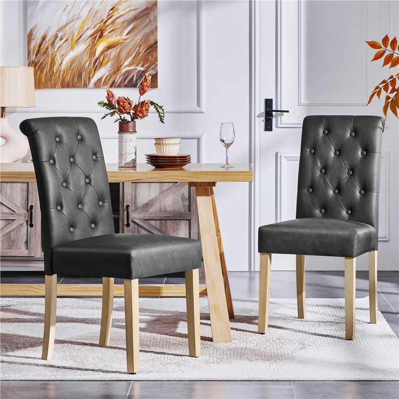 Padded Classic High Back Upholstered Dining Chairs With Solid Wood Legs, Leather-Dark Grey