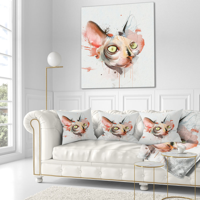Croquis à l'aquarelle de chat à face rouge - coussin imprimé animal, 18 po x 18 po, Coussin décoratif