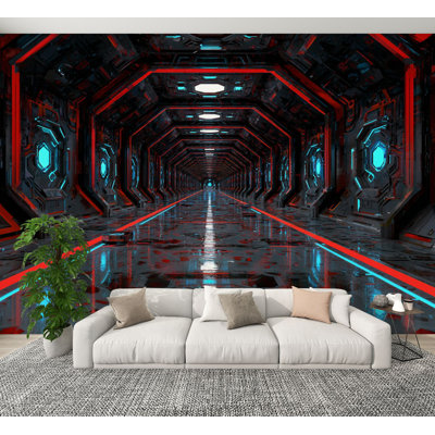 Futuristic 3D Peel and Stick Wallpaper High Tech Data Hub Geometric Panels Neon Edge Lighting Wall Murals 100"H x 144"W Removable PVC Wall Paper Self-Adhesive Wall Decor for Bedroom Living Room Play Room