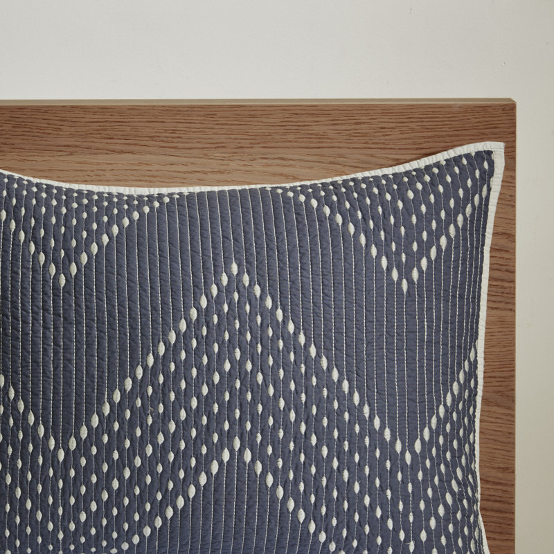 Navy Cotton King Reversible Quilt Set with Chevron Design