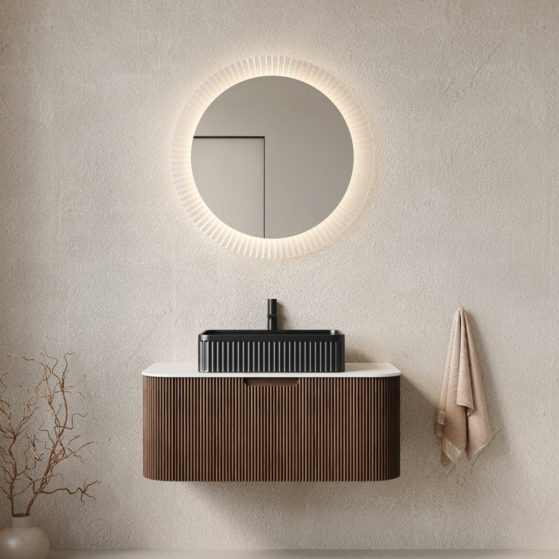 36" Bathroom Vanity With Sink, Wall-Mounted Floating Curved Edges Striped Bathroom Storage Cabinet With Drawer, Black Rectangular Ceramic Basin, No Faucet, Pre-Assembled, Dark Walnut Color