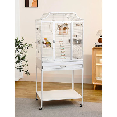 Cage à perroquet sur pied en métal blanc minimaliste avec tiroir de rangement et support à roulettes