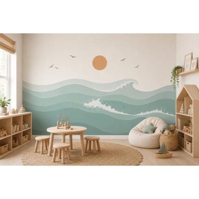 Autocollant mural autocollant à motif vagues océaniques avec soleil et oiseaux pour chambres d'enfants