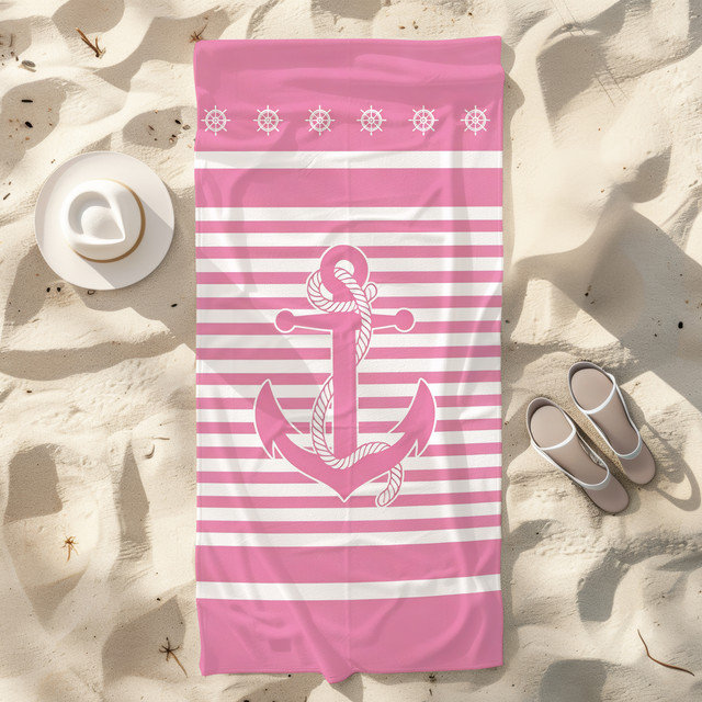  Serviette de plage en microfibre légère, absorbante sans décoloration, 30 po x 60 po, ancre nautique rose