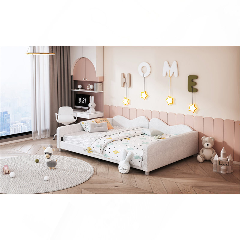 Full Size Upholstered Daybed, Sherpa Fabric Sofabed With Cloud-Shaped Backrest, White