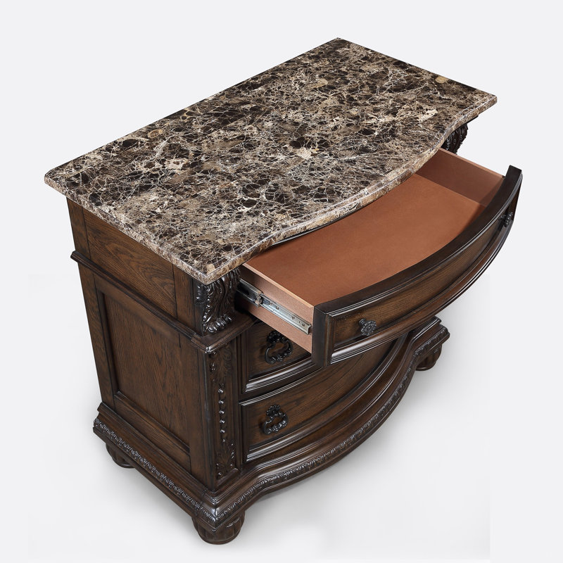 Table de chevet 1 pièce à trois tiroirs en marbre avec moulures complexes, Brun