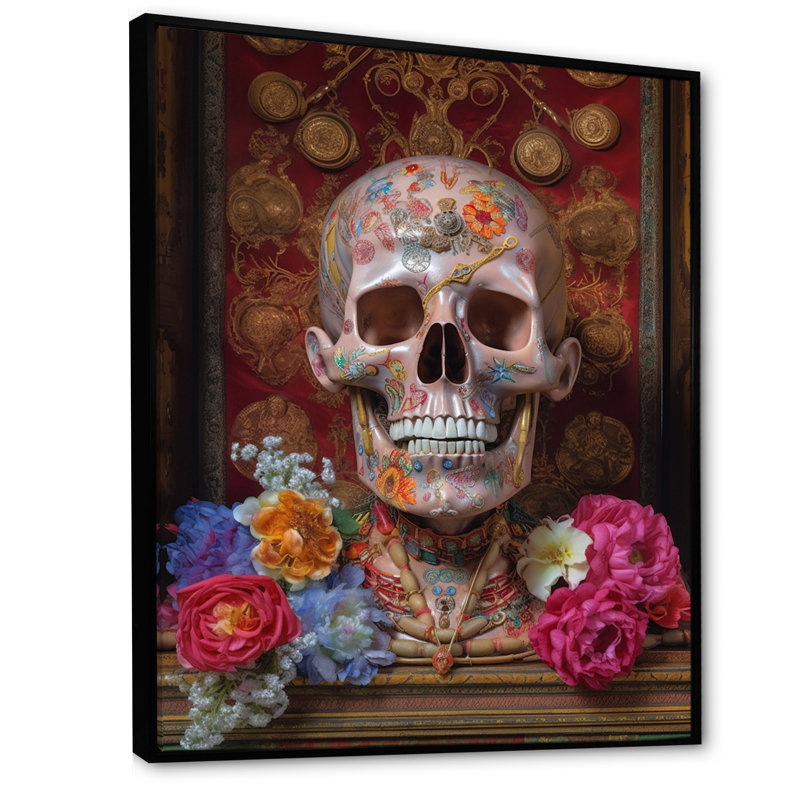 Tête de mort souriante, champignons orange, impression d'Halloween, Cadre flottant noir, 40" H x 30" W