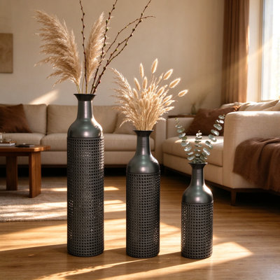 Black and grey floor vase set of 3 with leaf pattern, graduated heights 17.4" to 27.6" metal vases for living room entryway