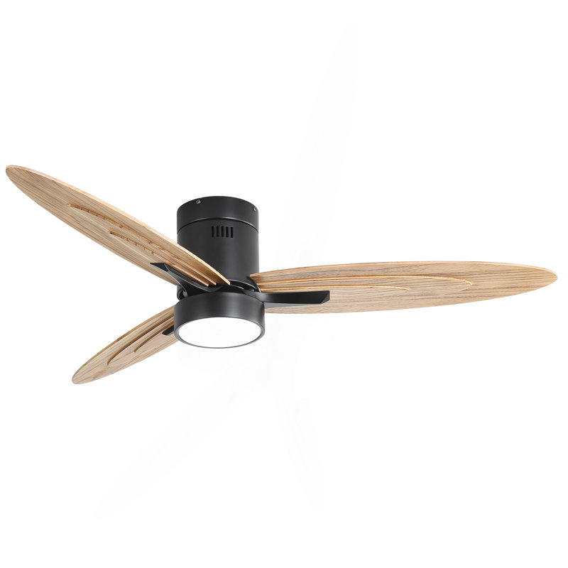 56 Inch Modern Design Flush Mount Ceiling Fan With Light And Remote Control, 3 Solid Wood Blades Reversible DC Motor Black For Living Room