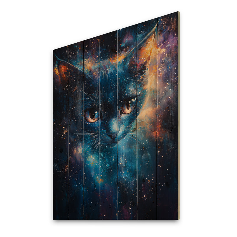 Portrait de chat céleste I - art mural en bois de chat - sur bois de pin naturel, H 32 po x l 24 po x P 0,78 po