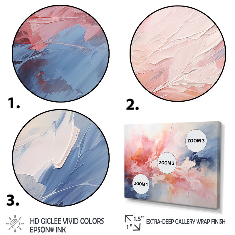 Rose et bleu apaisant tourbillons III - peinture abstraite, art mural, H 12 po x l 20 po x P 1 po, Cadre flottant noir
