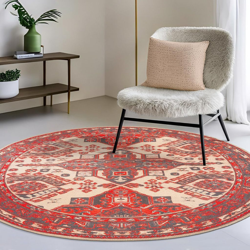 GLN Rugs Vintage Collection - Machine Washable Area Rug, Vintage Washable Rug, Non Slip Area Rug, Low Pile Living Room Rug, Bedroom Rug, Bathroom Rug - Easy Clean (Red and Black Rug)
