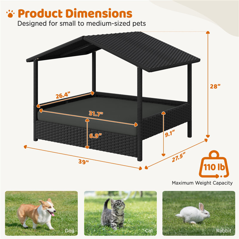 Niche pour chien d'extérieur en rotin avec auvent et coussin en mousse, Noir/gris