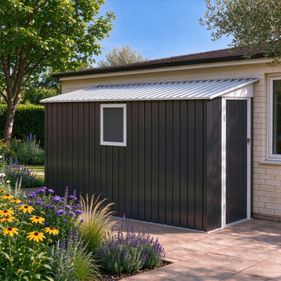 Remise de rangement en métal 4 x 9 pi Lean-To, remise de jardin extérieure résistante aux intempéries avec porte à charnière et fenêtre fixe, maison de rangement pour outils à toit incliné imperméable