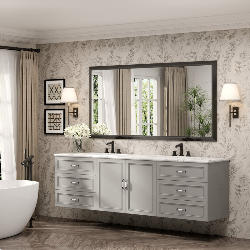Molly Tempered Glass Metal Beveled Framed Wall Mounted Vanity Rectangular Mirror, Black, 72" x 36"