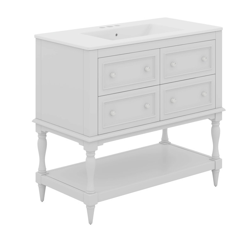 Meuble-lavabo 36 po avec lavabo simple, 4 tiroirs et tablette ouverte 36 po, Blanc